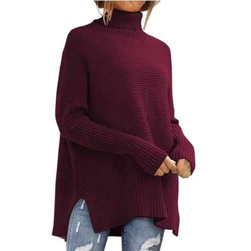 HXRYPG Pullover Damen Warm Rollkragenpullover Winter Sweater Winterpullover Strickpullover Lose Pulli Kuschelpullover Baumwolle Strickpulli Langarm Oberteile Einfarbig Tops Outlet Burgunderrot 3XL von HXRYPG
