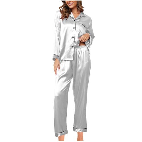 HXRYPG Sale Angebote Satin Schlafanzug Damen Lang Pyjama Set Langarm Zweiteiler Hausanzug Loungewear Teenager Mädchen Elegant Seide Nachtwäsche Frauen Pyjamahose Weich Schlafanzüge Grau M von HXRYPG