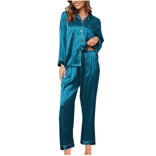HXRYPG Sale Satin Schlafanzug Damen Lang Pyjama Set Langarm Zweiteiler Hausanzug mit Knopfleiste Loungewear Teenager Mädchen Elegant Seide Nachtwäsche Frauen Pyjamahose Weich Schlafanzüge Himmelblau M HXRYPG Sale Satin Schlafanzug Damen Lang Pyjama Set Langarm Zweiteiler Hausanzug mit Knopfleiste Loungewear Teenager Mädchen Elegant Seide Nachtwäsche Frauen Pyjamahose Weich Schlafanzüge Himmelblau M von HXRYPG