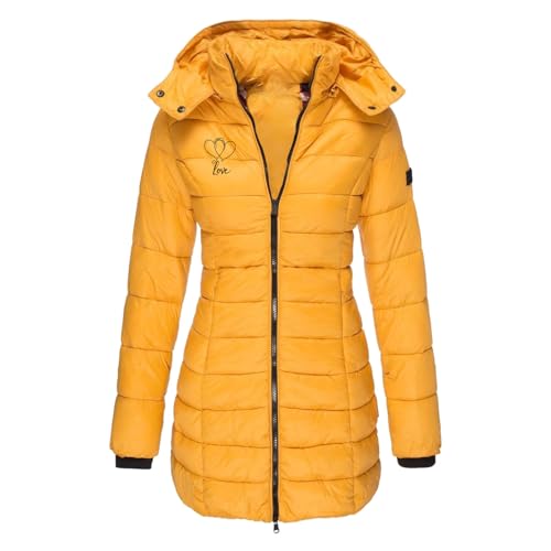 HXRYPG Steppjacke Damen Warme Winterjacke Elegant Daunenjacke Leicht Steppmantel Lang Parka Einfarbige Puffer Jacke Mantel für Frauen Outdoorjacke mit Kapuze Wintermantel Damenmantel angebot 04 Gelb L von HXRYPG