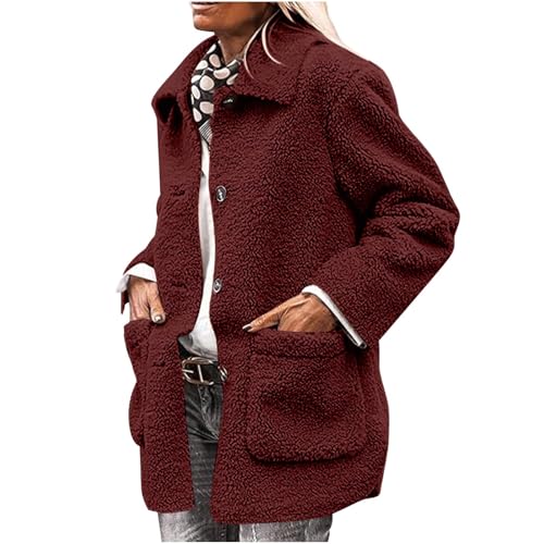 HXRYPG Winterjacke Damen Fleecejacke Warm Herbst Wintermantel Teddyjacke Kurzmantel Teddyfleece Jacke Herbstjacke mit Knöpfen Übergangsjacke Winter Wollmantel Teddy Jacken Mantel sale angebote Rot M von HXRYPG
