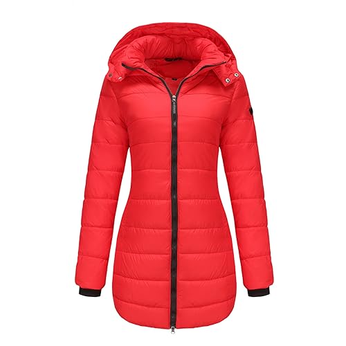 HXRYPG Wintermantel Damen Lang Steppjacke Leicht Daunenjacke Mantel Winter Winterjacke Puffer Jacke Steppmantel Winterparka Daunenmantel Damenjacke mit Kapuze Kapuzenjacke Warm Gutschein L 03 Rot von HXRYPG