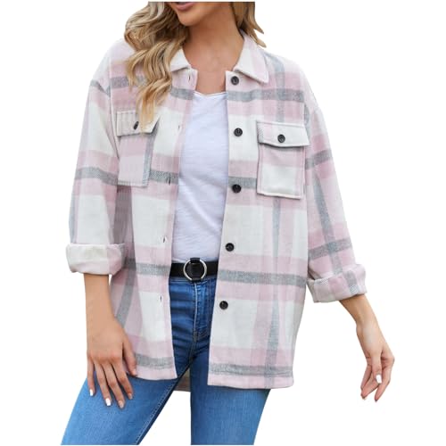 HXRYPG Wolljacke Damen Winterjacke Casual Karierte Jacke Hemdjacke Revers Mantel Winter Karohemd Hemdbluse Fleecejacke Warm Hemd mit Knöpfen Damenjacke Oberteile Wintermantel angebot 03 Rosa XXL von HXRYPG