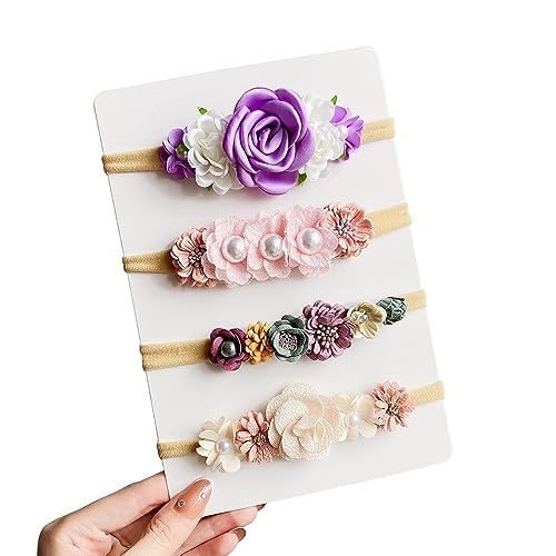 3/4PCS Künstliche Blume Stirnband Set for Baby Mädchen Floral Haarbänder Neugeborenen Kleinkind Elastische Nylon Kinder Kopfbedeckungen zubehör (Color : 14) von HXSCOO