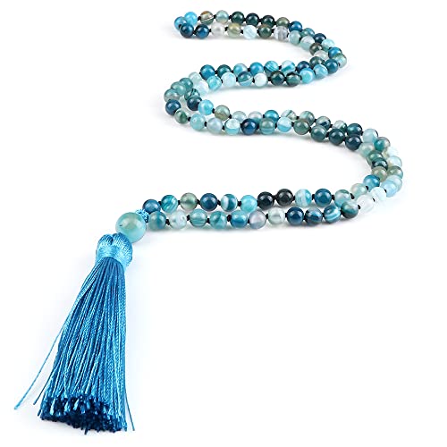 HXSCOO 108 Perlen Gebetskette Natürlicher grüner Streifen Onyx Stein Buddhistischer Buddha Meditationsperle Mala Halskette Schmuck Geschenke (Color : Blue Striped) von HXSCOO