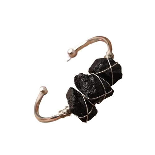 HXSCOO Drahtgewickelte Steinperlen-Armbänder, natürlicher schwarzer Turmalin, klobige Perlen, offene Manschettenarmreifen for Frauen, Liebhaber, Schmuck, Geschenk (Color : Silvery) von HXSCOO