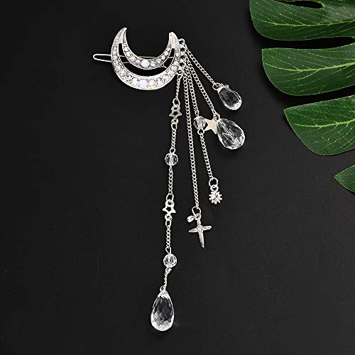 Mode Elegante Frauen Haar Bands Dame Mond Strass Kristall Quaste Lange Kette Perlen Baumeln Haarnadel Haar Clip Haar Schmuck (Color : Silver) von HXSCOO