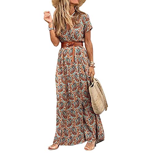 HXSZWJJ Boho Langes Kleid Frauen V-ausschnitt Kurzarm Drucken Gürtel Großer Saum Strand Langes Kleid Elegante Frauenkleid (Color : Brown, Size : L.) von HXSZWJJ