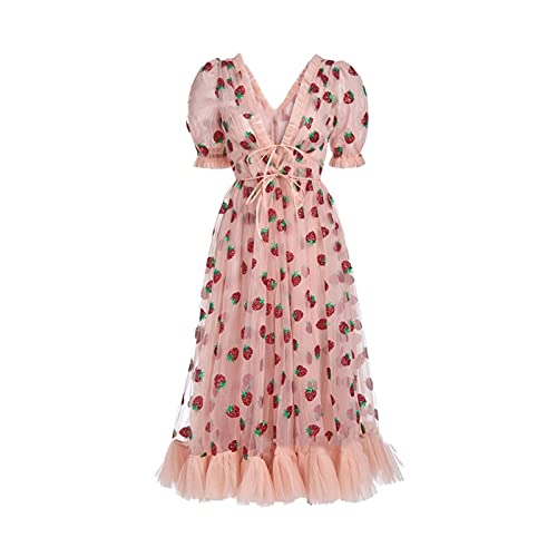 HXSZWJJ Erdbeerkleid Frauen Deep V Hauchhülse Süße Voile Mesh Pailletten Stickerei-Partykleider (Color : Pink, Size : 3XL.) von HXSZWJJ