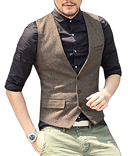 HXSZWJJ Herrenanzug Weste V Ausschnitt Wolle Braun Grau Formale Einreihige Weste Beiläufige Business Groomman For Hochzeit Slim Fit Weste (Color : Brown, Size : 3XL.) von HXSZWJJ