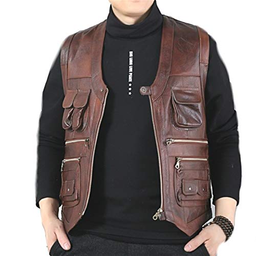 HXSZWJJ Lederweste Mens Fotografie Weste Mit Vielen Taschen Brown Motorradjacke Männlich Weste (Color : Brown, Size : 8XL.) von HXSZWJJ