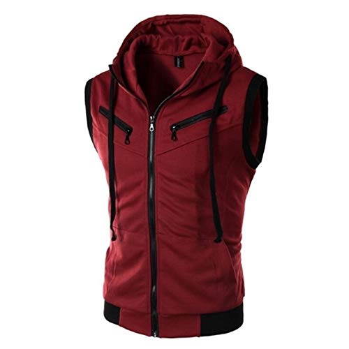 HXSZWJJ Männer Weste Mit Kapuze Männer Ärmel Jacke Reißverschluss-Tasche Gilet Cotton Männern Weste Plus Größe XXXL (Color : Wine Red Vest, Size : M.) von HXSZWJJ