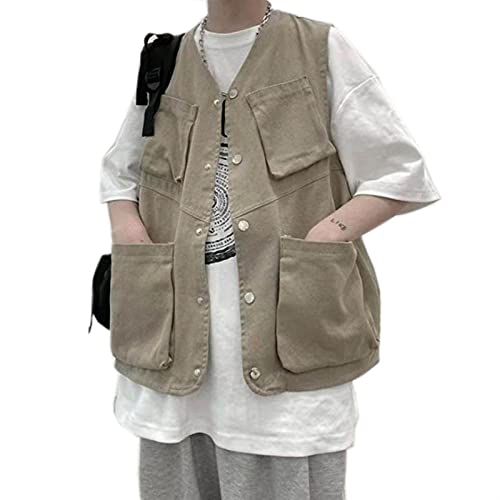 Männer Cargo Weste Herren Werkzeugweste Weste Hip Hop Sleeveless Jacke Lose Beiläufige Multi-Tasche Im Freien Frühlingsjacke (Color : Khaki, Size : L.) von HXSZWJJ
