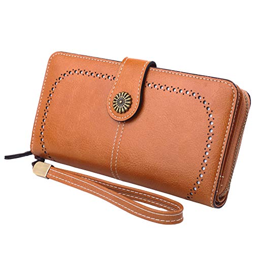HXT-OAK Damen Geldbörse mit langem Cutout-Design,Aus PU-Leder, mit Sonnenblumenverzierung und Abnehmbarer Handschlaufe, 13 Kartenfächer, kann Mobiltelefone innerhalb von 6,7 Zoll aufnehmen Braun von HXT-OAK