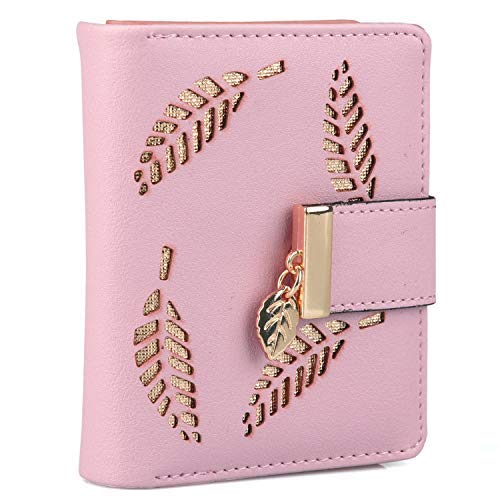 HXT-OAK Damen Geldbörse Frauen Kleine Brieftasche mit Das Design mit aushohlender Blattform,Aus PU-Leder mit blattförmigem Anhänger, mit 5 Kartenfächern und ID Fenster Pink von HXT-OAK