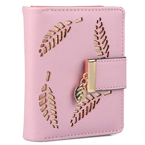 HXT-OAK Damen Geldbörse Frauen Kleine Brieftasche mit Das Design mit aushohlender Blattform,Aus PU-Leder mit blattförmigem Anhänger, mit 5 Kartenfächern und ID Fenster Pink von HXT-OAK