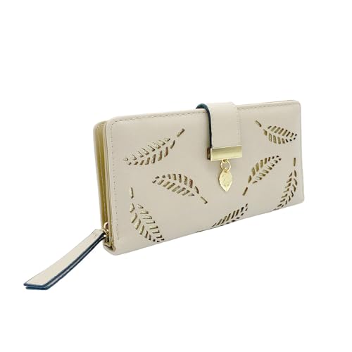 HXT-OAK Damen Geldbörse mit Das Design mit aushohlender Blattform,Aus PU-Leder mit blattförmigem Anhänger, mit 12 Kartenfächern und Münzfach mit Reißverschluss Milchig Weiß von HXT-OAK