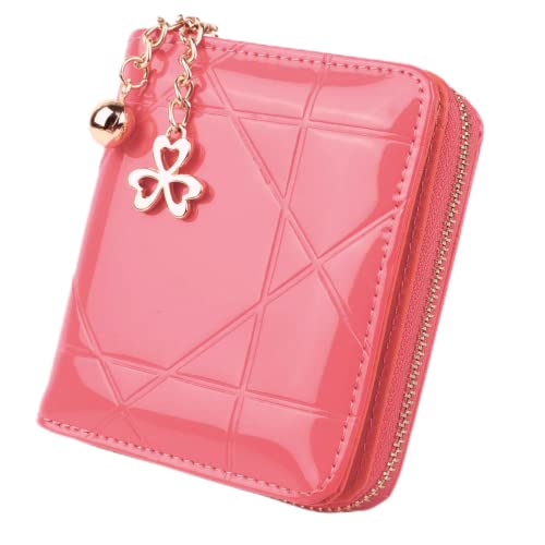 HXT-OAK Kleine Damen-Geldbörse aus glänzendem PU-Lackleder mit Kleeblatt-Anhänger 8 Kartenfächern und Reißverschluss-Münzorganizer Wassermelone Rot von HXT-OAK