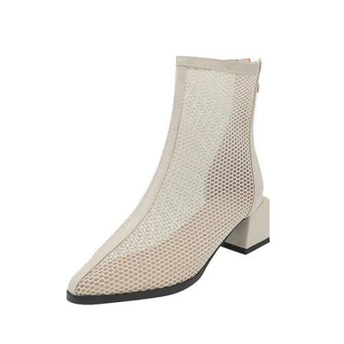 Damen Ausschnitt Mesh Sommerstiefel Mittlerem Blockabsatz Kleid Sandalen Mit Reißverschluss Spitz Zehen Kurze Stiefel Aus Lackleder,Beige,45 EU von HXTYXCQ