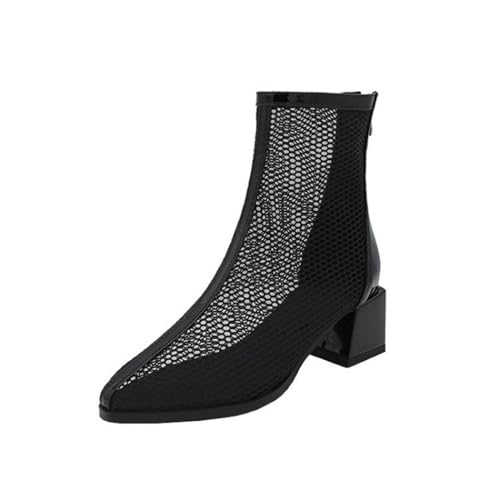 Damen Ausschnitt Mesh Sommerstiefel Mittlerem Blockabsatz Kleid Sandalen Mit Reißverschluss Spitz Zehen Kurze Stiefel Aus Lackleder,Schwarz,35.5 EU von HXTYXCQ