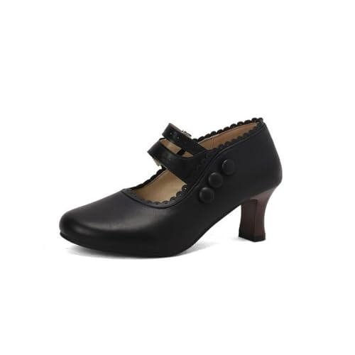 Damen Bequemer Slip Auf Freizeitschuhe Geschlossenes Runder Zehen Kleid Pumps Stämmiger Ferse Vintage-Schuhe,Schwarz,45 EU von HXTYXCQ