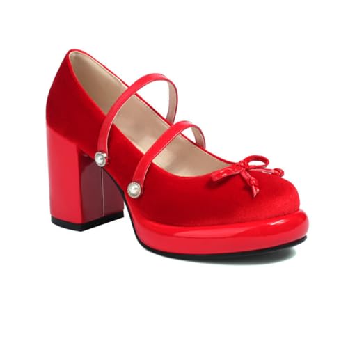 Damen Blockabsatz Plateau Mary Jane Geschlossene Runde Zehen Kleid Schuhe Mit Schleifen Knöchelriemen Lolita Schuhe,Rot,35 EU von HXTYXCQ