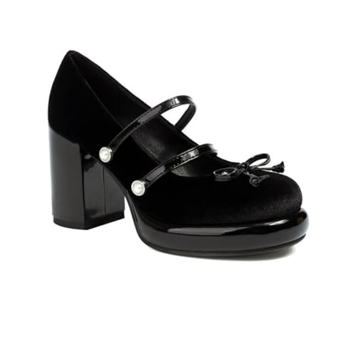 Damen Blockabsatz Plateau Mary Jane Geschlossene Runde Zehen Kleid Schuhe Mit Schleifen Knöchelriemen Lolita Schuhe,Schwarz,41.5 EU von HXTYXCQ
