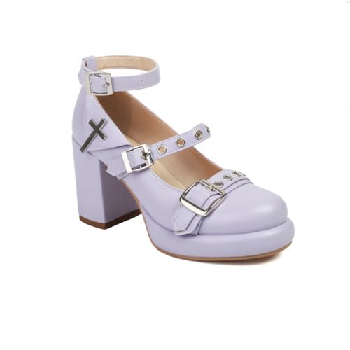 Damen Blockabsatz Plateau Pumps Knöchelriemen Gothic Punk Schuhe Mit Schnalle Runde Zehen PU-Leder Mary Janes,Lila,36 EU von HXTYXCQ
