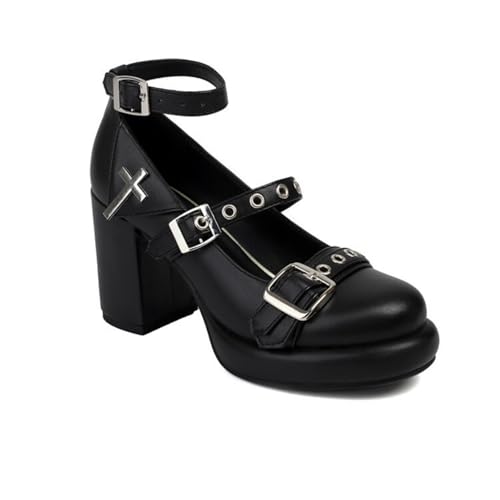 Damen Blockabsatz Plateau Pumps Knöchelriemen Gothic Punk Schuhe Mit Schnalle Runde Zehen PU-Leder Mary Janes,Schwarz,38 EU von HXTYXCQ