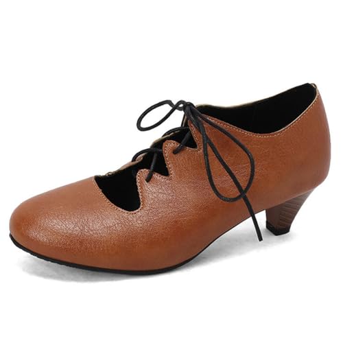 Damen Geschlossene Runde Zehe PU Leder Kleid Pumps Schnürung Vintage Schuhe Mittlerer Kätzchen Ferse Business Schuhe,Gelb,42 EU von HXTYXCQ