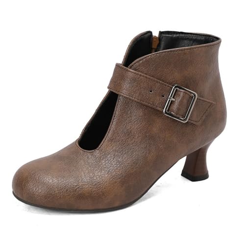 Damen Geschlossene Runde Zehe Stiefeletten Kätzchen Absatz Vintage Kleid Schuhe PU Leder Business Schuhe Mit Reißverschluss,Braun,36 EU von HXTYXCQ