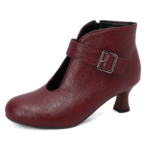 Damen Geschlossene Runde Zehe Stiefeletten Kätzchen Absatz Vintage Kleid Schuhe PU Leder Business Schuhe Mit Reißverschluss,Burgundy,42 EU von HXTYXCQ