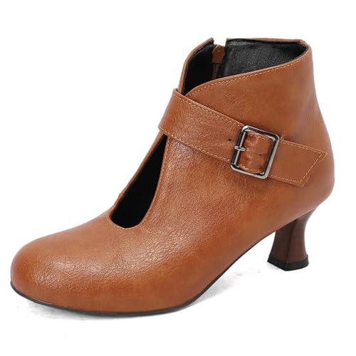 Damen Geschlossene Runde Zehe Stiefeletten Kätzchen Absatz Vintage Kleid Schuhe PU Leder Business Schuhe Mit Reißverschluss,Gelb,41 EU von HXTYXCQ