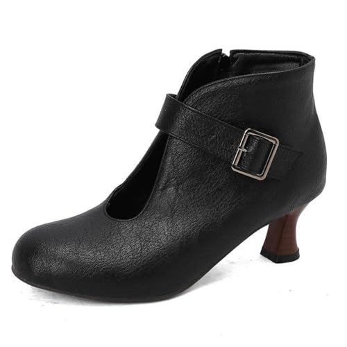 Damen Geschlossene Runde Zehe Stiefeletten Kätzchen Absatz Vintage Kleid Schuhe PU Leder Business Schuhe Mit Reißverschluss,Schwarz,40 EU von HXTYXCQ