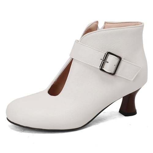 Damen Geschlossene Runde Zehe Stiefeletten Kätzchen Absatz Vintage Kleid Schuhe PU Leder Business Schuhe Mit Reißverschluss,Weiß,39 EU von HXTYXCQ