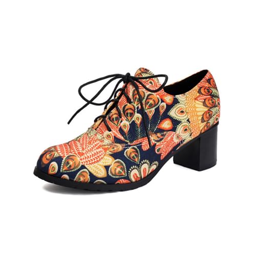 Damen Geschlossene Runde Zehen Arbeits Pumps Schnürung Uniform Kleid Schuhe Mittlerer Blockabsatz Vintage Oxfords,Gelb,42 EU von HXTYXCQ