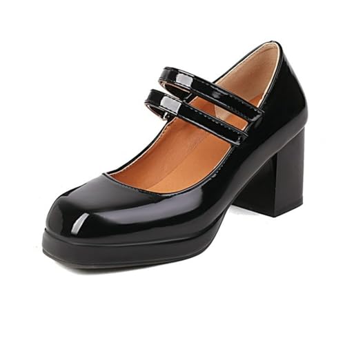 Damen Geschlossene Runde Zehen Mary Janes Mit Schnalle Hoher Blockabsatz Plateau Pumps PU Leder Kleid Schuhe,Schwarz,35.5 EU von HXTYXCQ