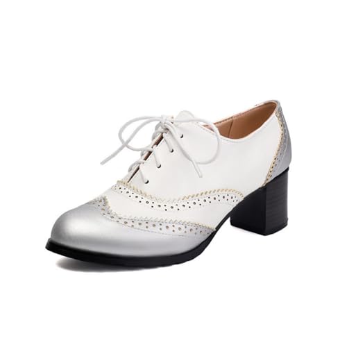 Damen Geschlossene Runde Zehen Oxford Schuhe Schnürung Vintage Brogue Pumps Stämmiger Ferse Formelle Anzugschuhe,Silber,41 EU Damen Geschlossene Runde Zehen Oxford Schuhe Schnürung Vintage Brogue Pumps Stämmiger Ferse Formelle Anzugschuhe,Silber,41 EU von HXTYXCQ