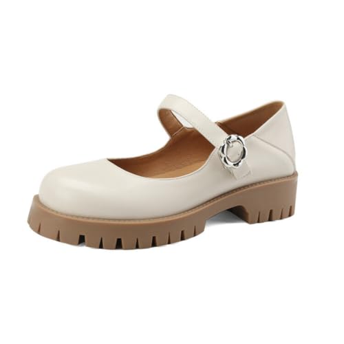Damen Geschlossene Runde Zehen PU-Leder Mary Janes Klobigen Absatz Plateaukleid Pumps Knöchelriemen Lolita Schuhe Mit Schnalle,Beige,39 EU von HXTYXCQ