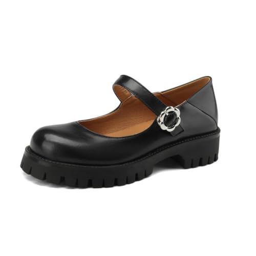 Damen Geschlossene Runde Zehen PU-Leder Mary Janes Klobigen Absatz Plateaukleid Pumps Knöchelriemen Lolita Schuhe Mit Schnalle,Schwarz,41.5 EU von HXTYXCQ