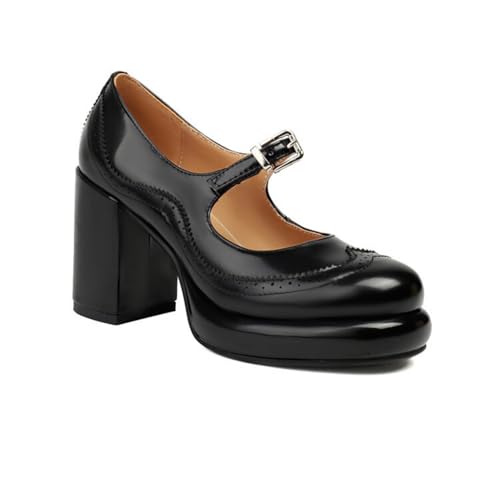 Damen Geschlossene Rundzehen-Mary Janes Mit Schnalle Hoher Stämmiger Absatz Retro Kleid Schuhe Lackleder Plattform-Pumps,Schwarz,40 EU von HXTYXCQ