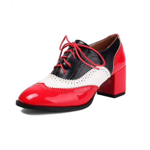 Damen Hoher Absatz Brogue Schuhe Schnürung Vintage Oxford Schuhe PU Leder Büro Kleid Pumps,Rot,39 EU von HXTYXCQ