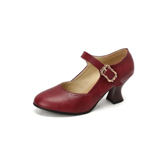 Damen Hoher Absatz Retro Kleid Pumps Knöchelriemen Mary Janes Quadratischer Schnalle Runde Zehe PU Leder Büroschuhe,Rot,44 EU von HXTYXCQ