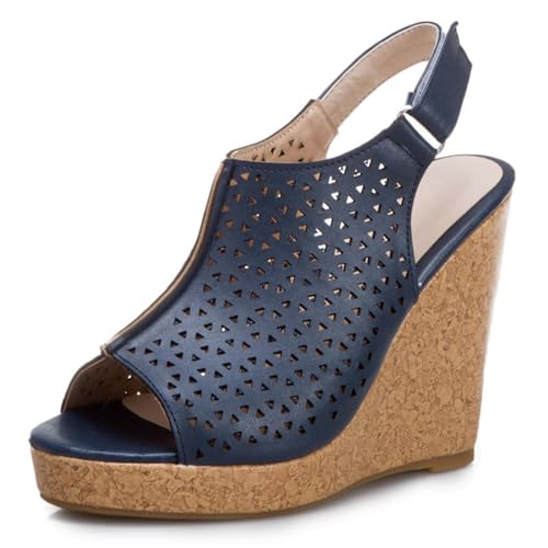 Damen Hoher Keilabsatz Plateau Sandalen Peep Toe Slingback Sommer Sandalen Mit Schnalle PU Leder Freizeitschuhe,Blau,43 EU von HXTYXCQ
