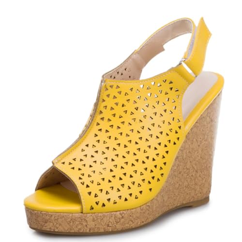 Damen Hoher Keilabsatz Plateau Sandalen Peep Toe Slingback Sommer Sandalen Mit Schnalle PU Leder Freizeitschuhe,Gelb,45 EU von HXTYXCQ