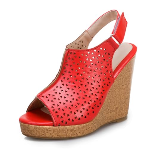Damen Hoher Keilabsatz Plateau Sandalen Peep Toe Slingback Sommer Sandalen Mit Schnalle PU Leder Freizeitschuhe,Rot,39 EU von HXTYXCQ