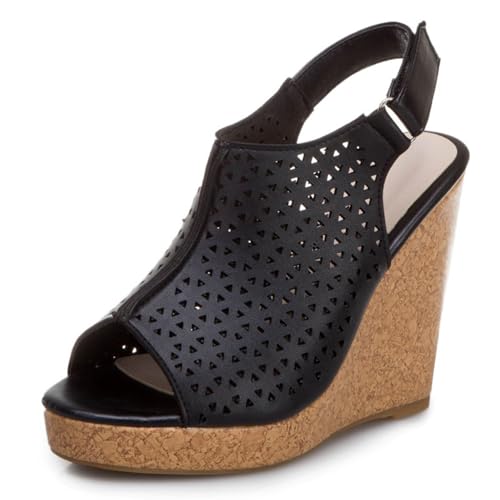 Damen Hoher Keilabsatz Plateau Sandalen Peep Toe Slingback Sommer Sandalen Mit Schnalle PU Leder Freizeitschuhe,Schwarz,35 EU von HXTYXCQ