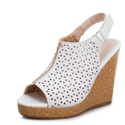 Damen Hoher Keilabsatz Plateau Sandalen Peep Toe Slingback Sommer Sandalen Mit Schnalle PU Leder Freizeitschuhe,Weiß,48 EU von HXTYXCQ