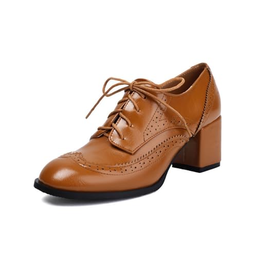Damen Hoher Stämmiger Ferse Oxford Schuhe Schnüren Kleid Pumps Geschlossene Runde Zehen Vintage Brogue Schuhe,Gelb,41.5 EU von HXTYXCQ