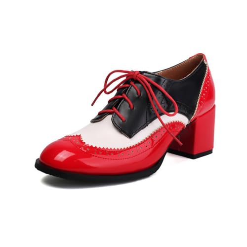 Damen Hoher Stämmiger Ferse Oxford Schuhe Schnüren Kleid Pumps Geschlossene Runde Zehen Vintage Brogue Schuhe,Rot,44 EU von HXTYXCQ